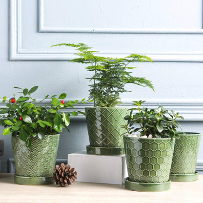 BUYMAX Plant Pots Indoor –5 inch Ceramic Flower Pot with Drainage Hole and Ceramic Tray - Gardening Home Desktop Office Windowsill Decoration Gift, Set of 4 - Plants NOT Included (Patina)