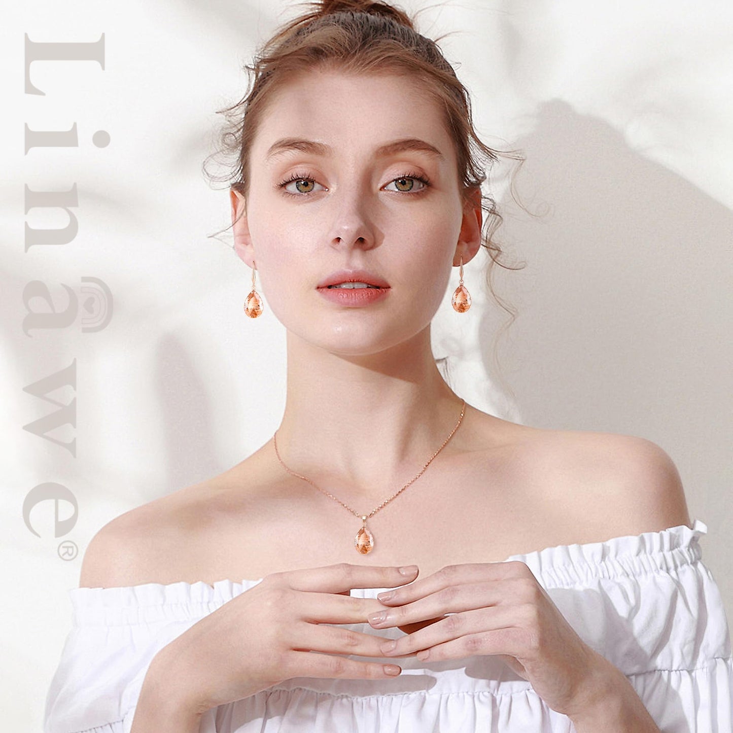 Linawe Citrine Crystal Jewelry Sets for Women Rose Gold, Imitation Diamond Pendant Necklace Set, Yellow Rhinestone Drop Dangle Earrings Set, Birthstone Cubic Zirconia Matching Wedding Jewelry
