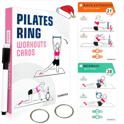 COARVXA Pilates Ring Workouts for Women-58 Exercise Cards with Pilates Mat Workout Postures，ncludes 4-Week Challenge,2 Rings& Dry-Erase for Easy Organization-Home, Gym or Studio