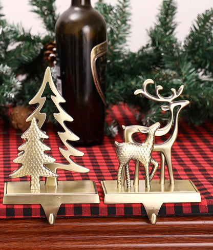 WeddPtyFr Christmas Stocking Holders for Mantle Set of 2 Christmas Stocking Hangers for Fireplace Anti-Slip Mantel Hanger Hooks for Stocking Hanging Ornament Firepiece Xmas Decor (Tree and Reindeer)
