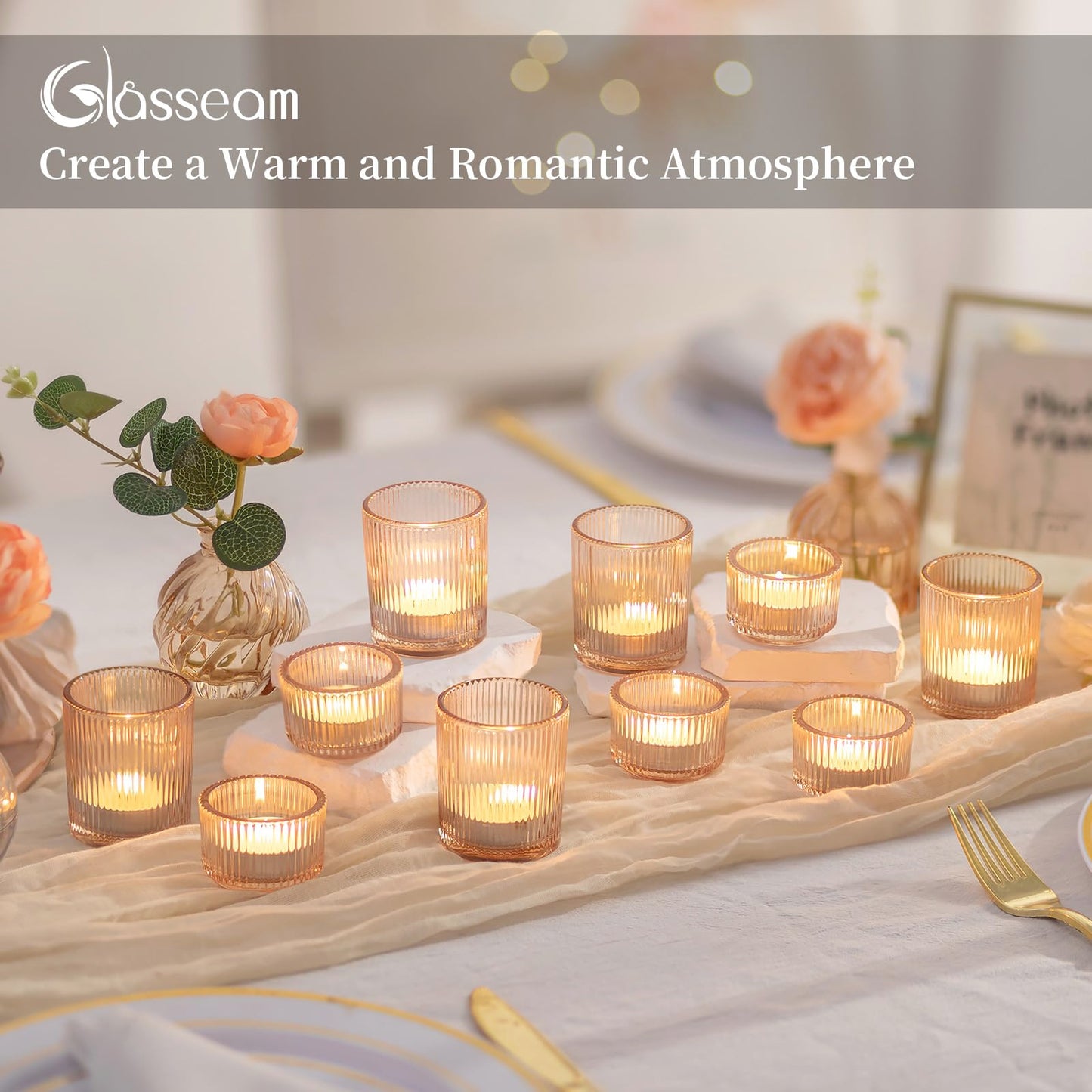 Glasseam Gold Votive Candle Holders: 8 Pcs Ribbed Glass Tealight Candle Holder Set Tea Light Holders Wedding Decorations for Reception Modern Home Decor Centerpiece Gifts