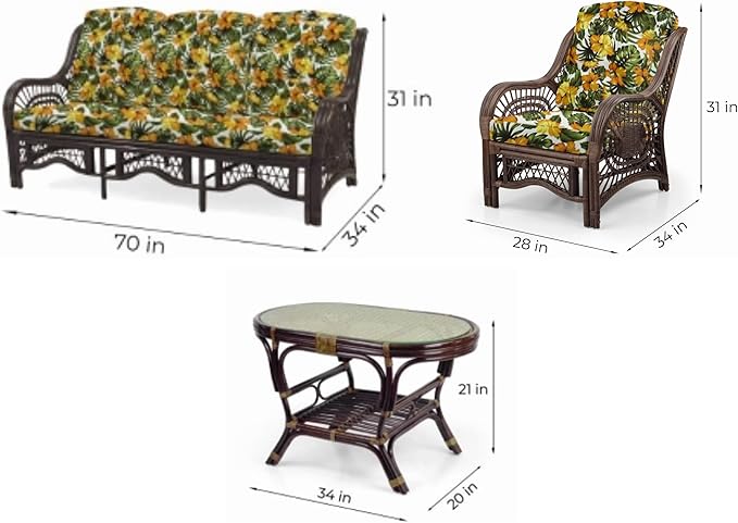 Malibu Lounge Set of 4: 2 Natural Rattan Wicker Chairs, Three-Seater Sofa