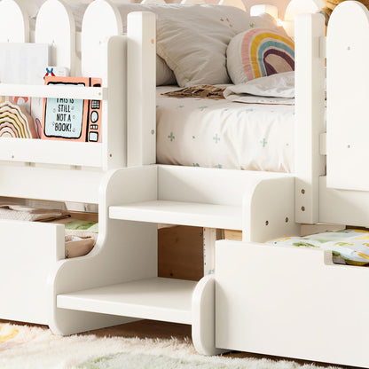 Bellemave Full Kids Montessori Bed with Stairs, Bookshelf and LED Lights, Solid Wood Kids Bed Frame with Storage Drawers for Boys Girls, Low Profile,Beige