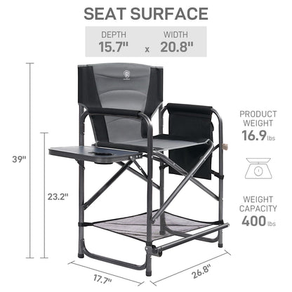 EVER ADVANCED Medium Tall Directors Chair Foldable Makeup Artist Chair Bar Height with Side Table Cup Holder and Pocket Footrest, Supports 400LBS (Grey, Seat Height: 23.2 inches)