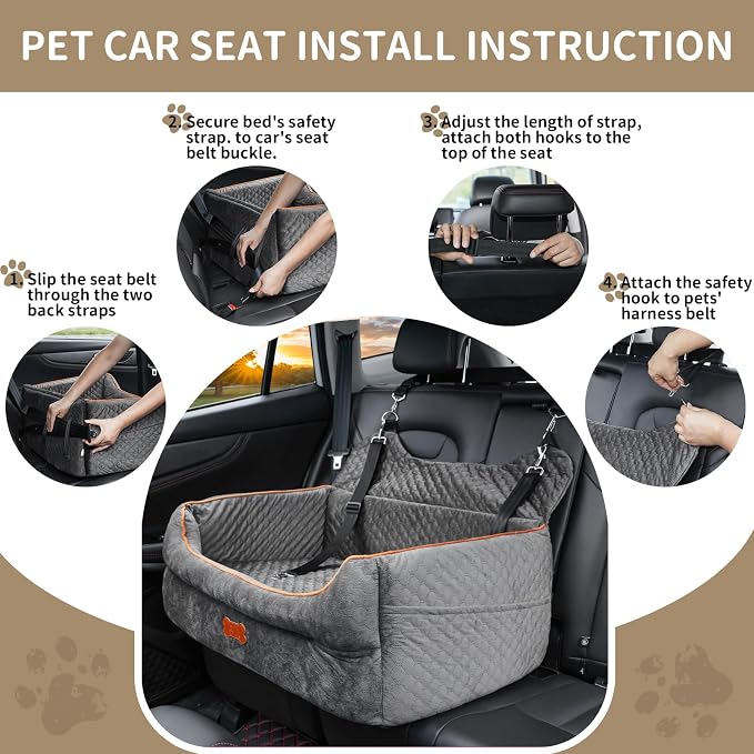Dog Car Seat for Large/Medium Dogs - Memory Foam Dog Booster Seat for Under 55Lbs or 2 Small Dogs-Detachable and Washable Travel Bed with Thick Cushion and Storage Pockets-Grey