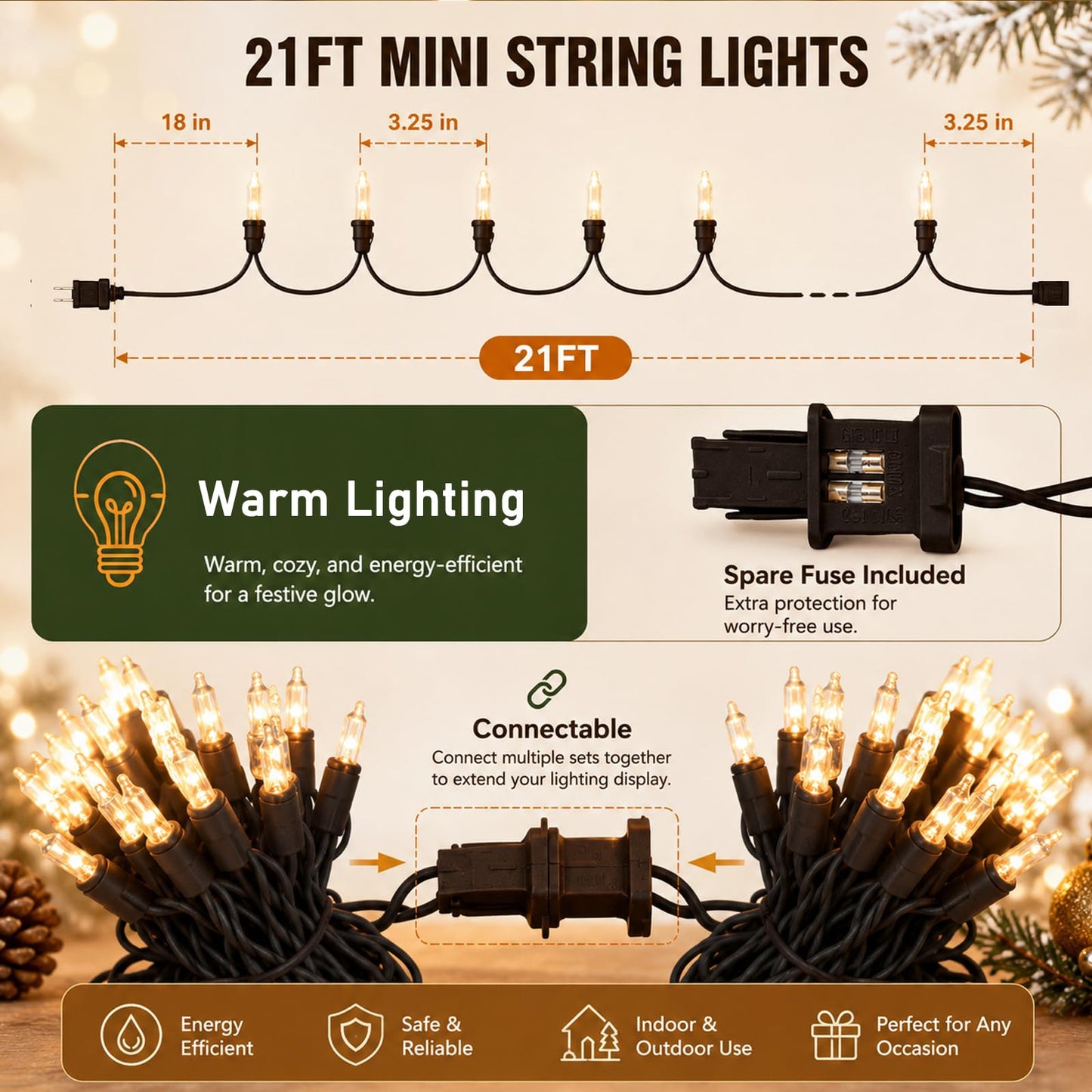 Afirst Brown String Lights, 21ft 100 Count Mini String Light on Brown Wire Cord UL Approved, Connectable Outdoor String Lights for Xmas Patio Home Party Garden Decor