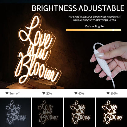 Virlusy Love is in Bloom Neon Sign for Wall Decor Dimmable Led Lights Signs Letters Signs for Bridal Shower Warm White Neon Light Room Decor for Wedding Engagement Christmas Party Gift 12.8*15.16 in