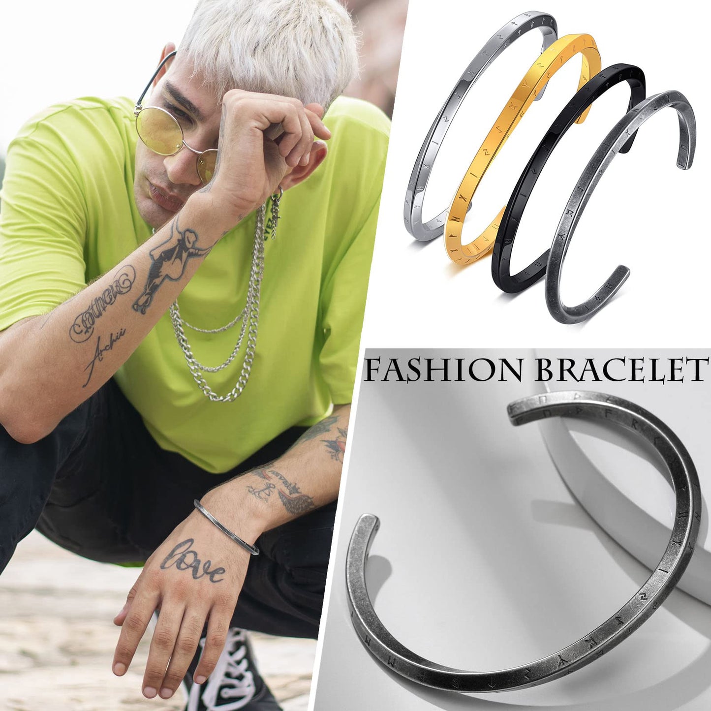 VNOX Viking Bracelet for Men | Mens Stainless Steel Cuff Bracelet for Men Women | Mobius Twist Nordic 24 Alphabet Runes Valknut Bangle | Viking Jewelry Gifts for Men Women