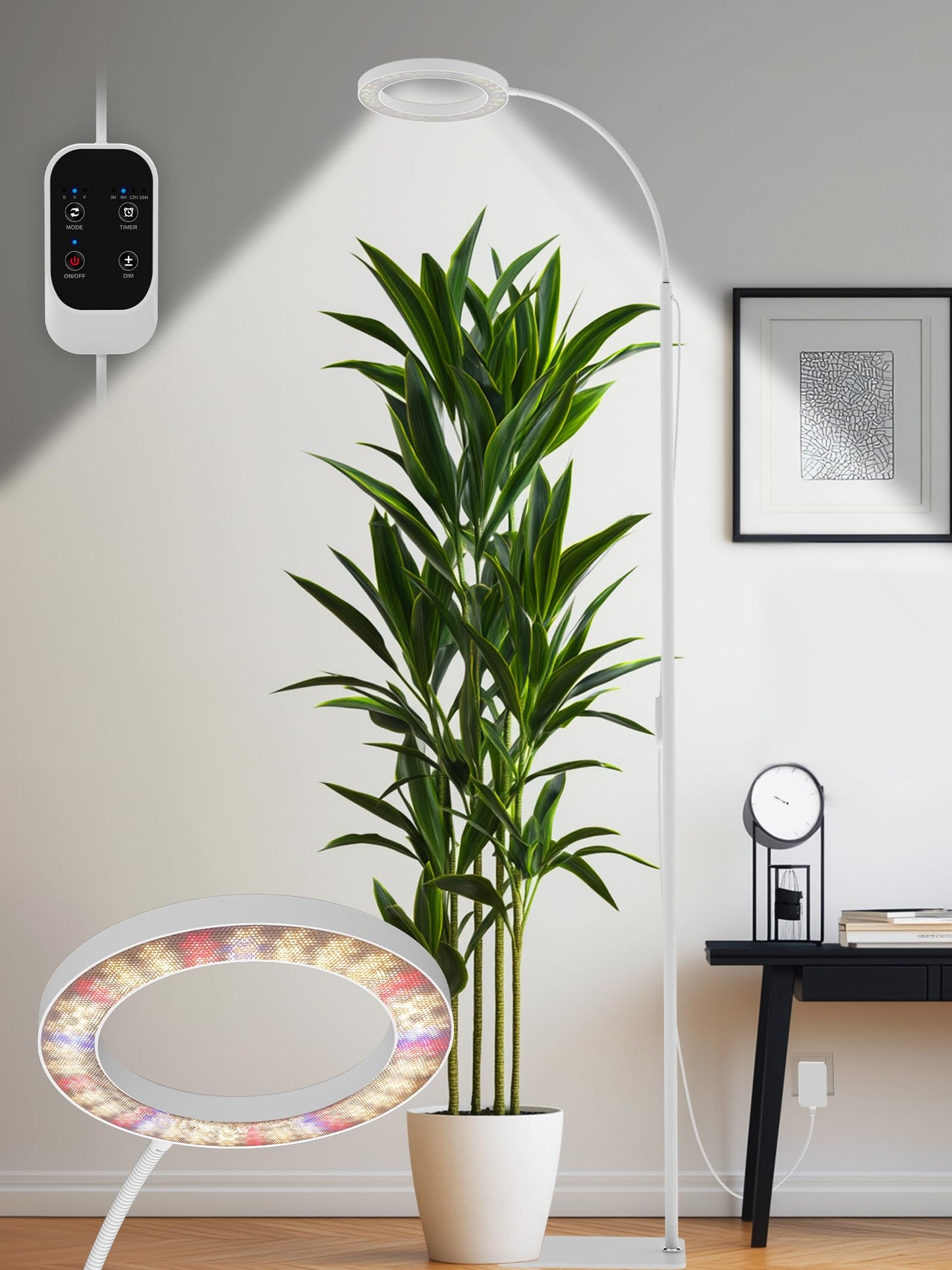 GLOWRIUM Grow Lights for Indoor Plants, Full Spectrum LED Grow Light, Stepless Dimming,3 Lighting Mode and Adjustable Height, Plant Light with 3/9/12/16H Timer (White, 24W)