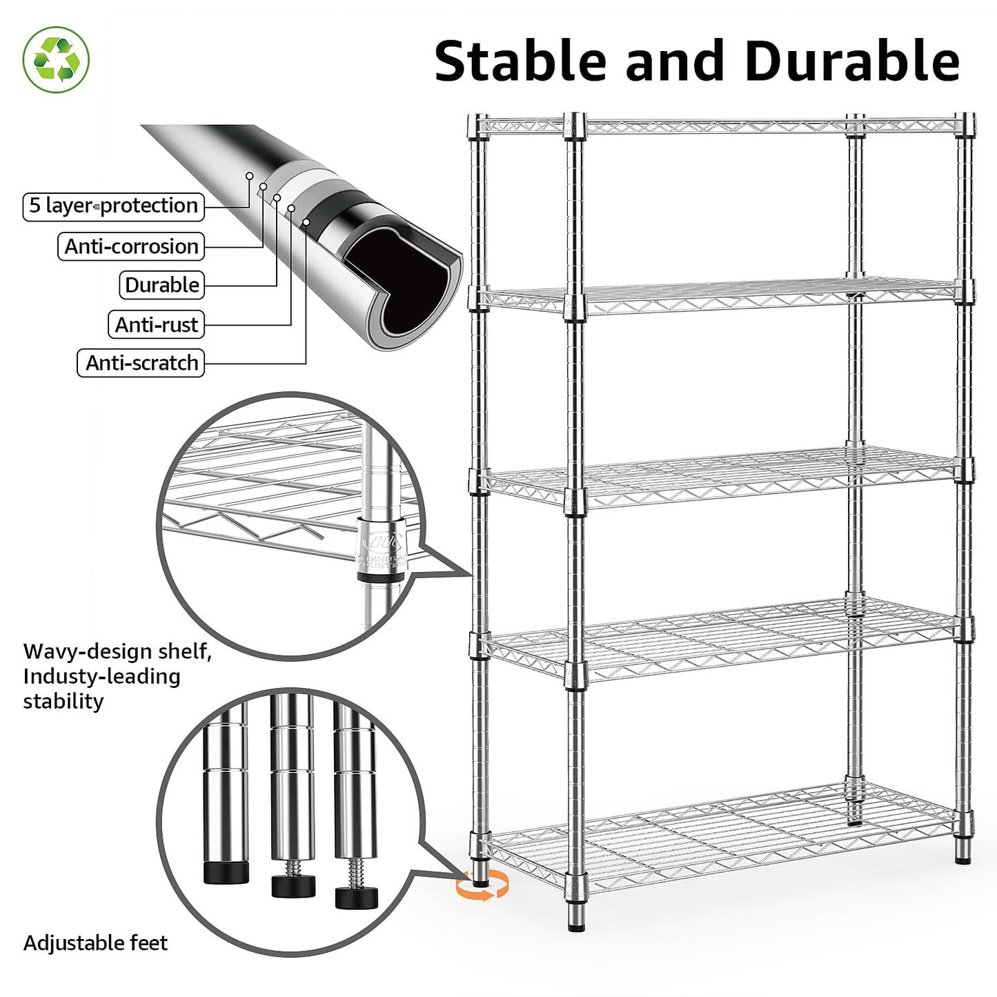 M MZG 2 PCS Storage Shelving Utility Shelving Unit 5-Tier Utility Shelving Unit Steel Organizer Wire Rack for Home,Kitchen,Office (13.7" D x 23.6" W x 62.4" H) (Black+Chrome)