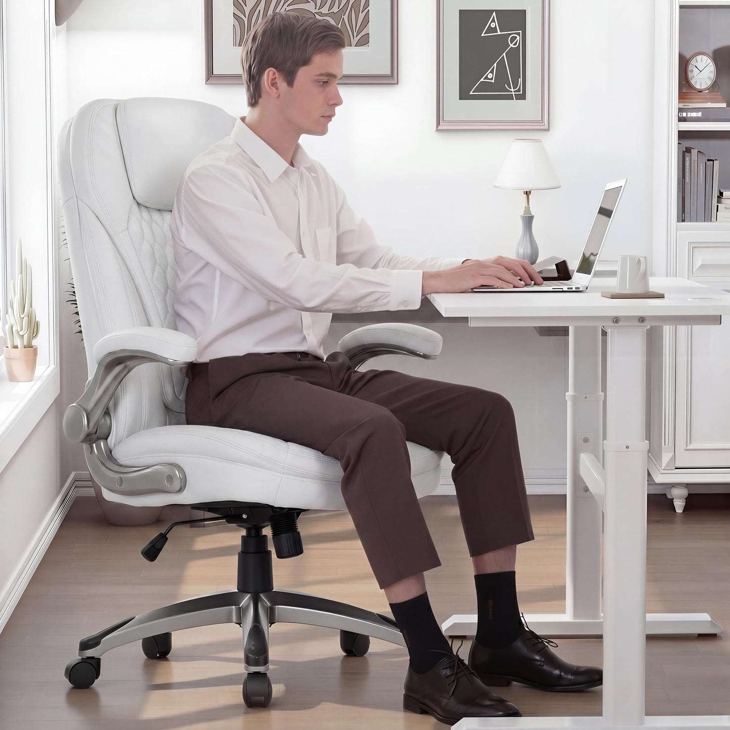 COLAMY Office Chair Ergonomic Desk Chair-Executive Office Chair with Upgraded Caters, High Back Computer Chair Flip-up Arms, Strong Metal Base, Swivel Leather Chair for Work/Study, 300lbs, White