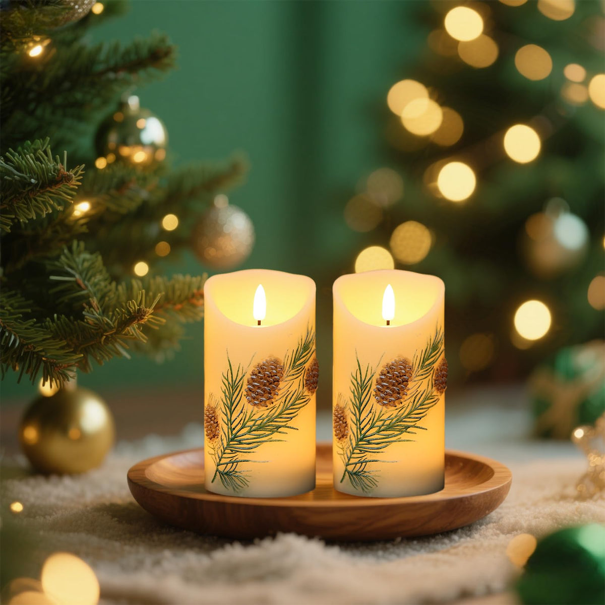 Eldnacele Christmas Flameless Candles with 6 Hour Timer, Battery Operated Hand Painted Pine Cone Real Wax 3D Wick Flickering LED Pillar Candles for Dinner Indoor Holiday Xmas Decor(2Pcs, D3×H5.7)