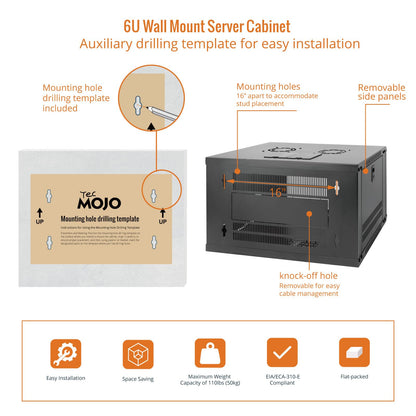 Tecmojo 6U Wall Mount Server Cabinet IT Network Rack Enclosure Lockable Door and Side Panels Black, Cooling Fan, Standard Glass Door, 450mm Depth, for 19” IT Equipment, A/V Devices