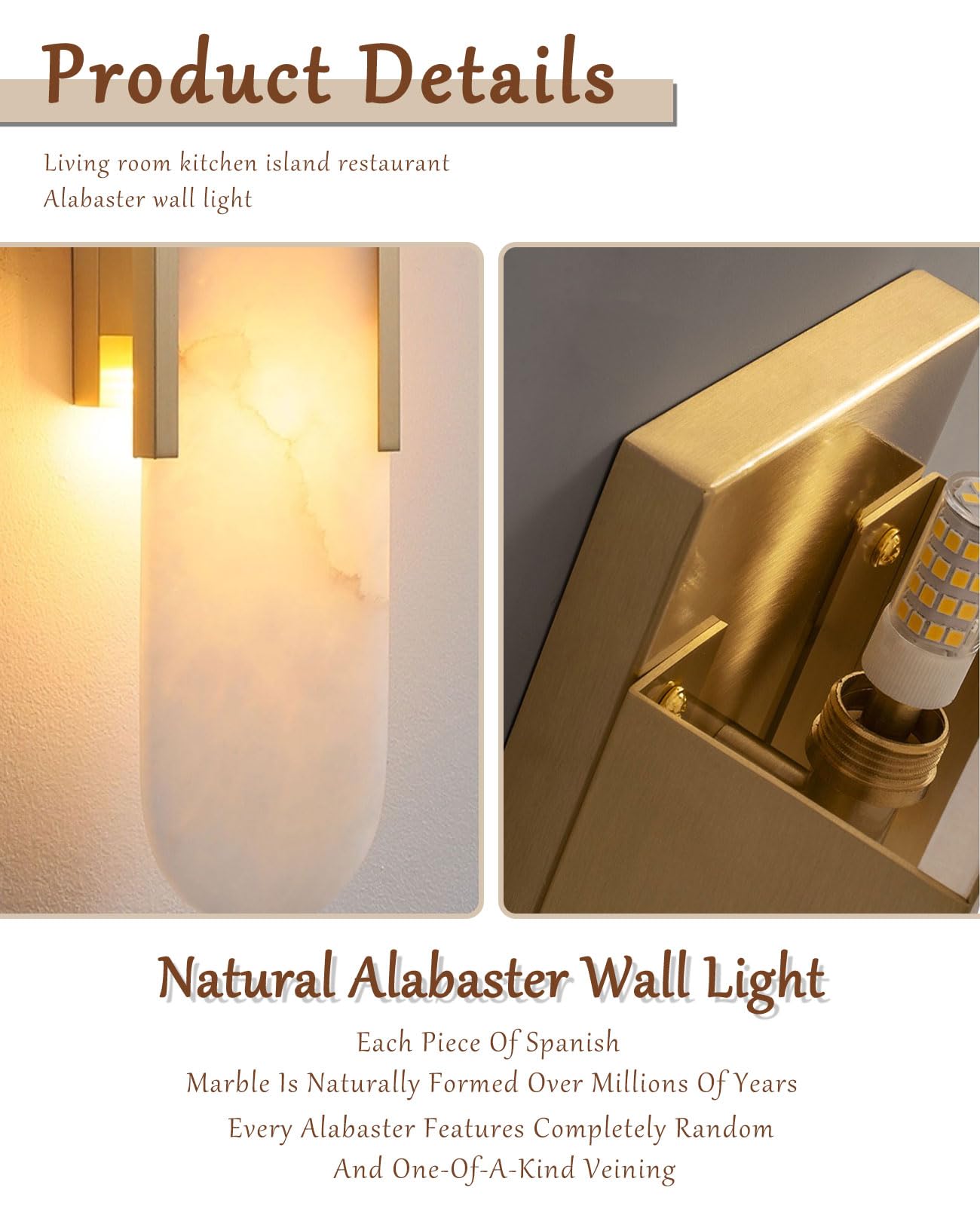 OROILUPU 19.7" Alabaster Wall Sconce Natural Marble Sconce Indoor Mid Century Modern Wall Light Oval Stone Lampshade Vanity Light Fixtures for Living Room Bedroom Dining Room Hallway (Gold)