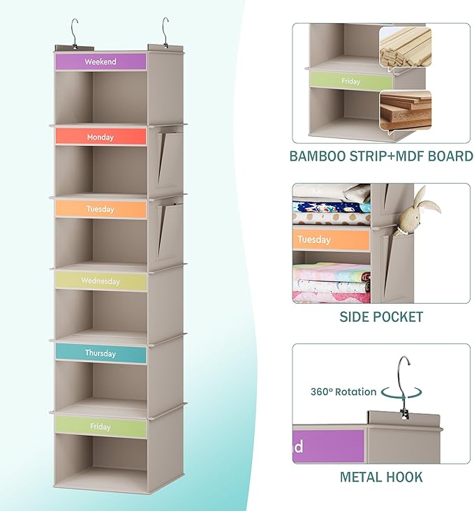 YOUDENOVA 6-Shelf Weekly Hanging Closet Organizer, Weekly Clothes Organizers