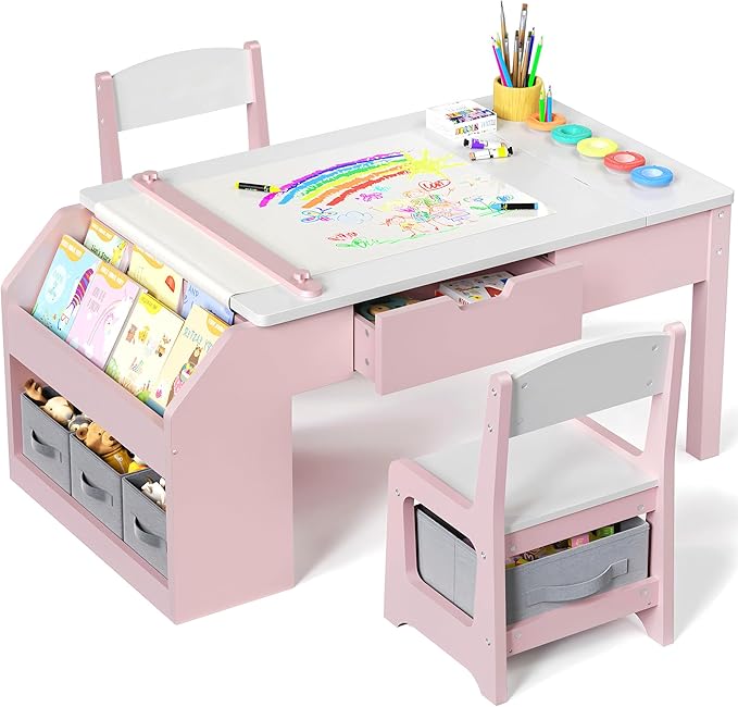 5-in-1 Kids Art Table and Chairs, Wood Toddler Table and Chair Set