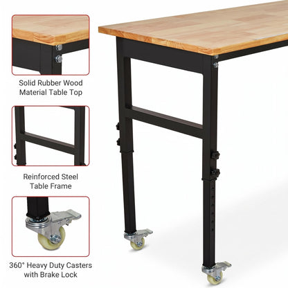 48" Height Adjustable Workbench, 2000 LBS Load Capacity Rubber Wood Top, Heavy Duty Workstation with Wheels, Hardwood Work Table for Garage Workshop Home Repair
