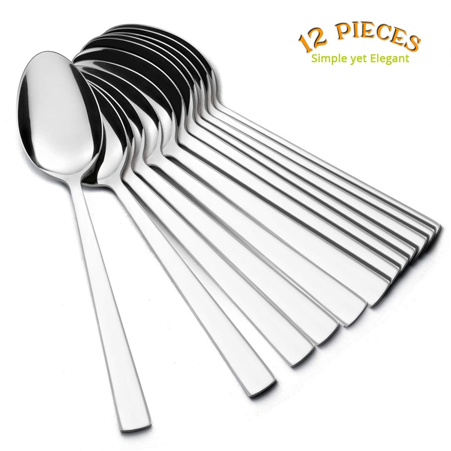 E-far Teaspoon Set of 12, 6.7 Inch Stainless Steel Spoons for Kitchen or Restaurant, Non-toxic & Mirror Polished, Squared Edge & Dishwasher Safe