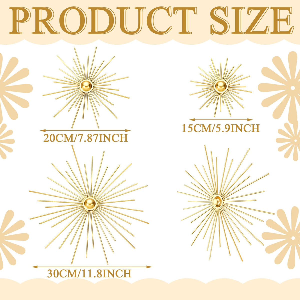 Fourluoo 3 Pcs Metal Starburst Wall Decor Gold Metal Wall Art 3D Spike Bling Finish Star Burst Hangings Accents Sculptures Set Modern Mid Century Decorations for Living Room Bedroom Entryway
