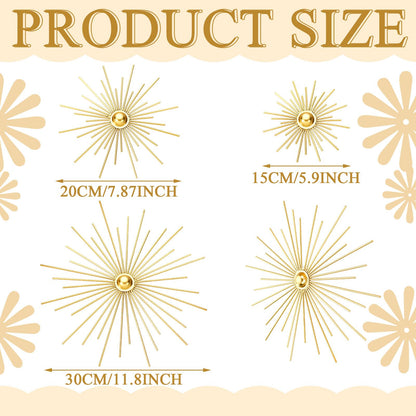 Fourluoo 3 Pcs Metal Starburst Wall Decor Gold Metal Wall Art 3D Spike Bling Finish Star Burst Hangings Accents Sculptures Set Modern Mid Century Decorations for Living Room Bedroom Entryway