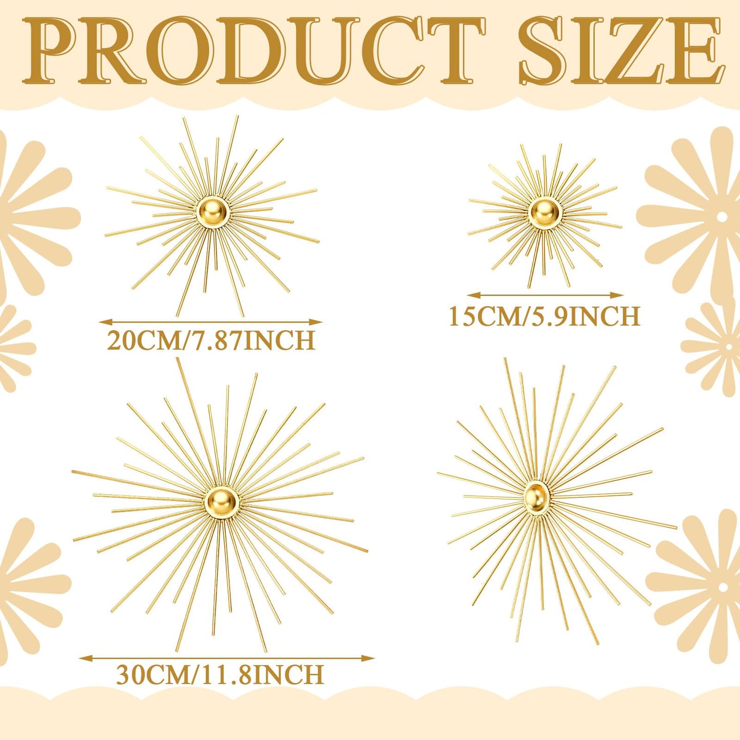 Fourluoo 3 Pcs Metal Starburst Wall Decor Gold Metal Wall Art 3D Spike Bling Finish Star Burst Hangings Accents Sculptures Set Modern Mid Century Decorations for Living Room Bedroom Entryway