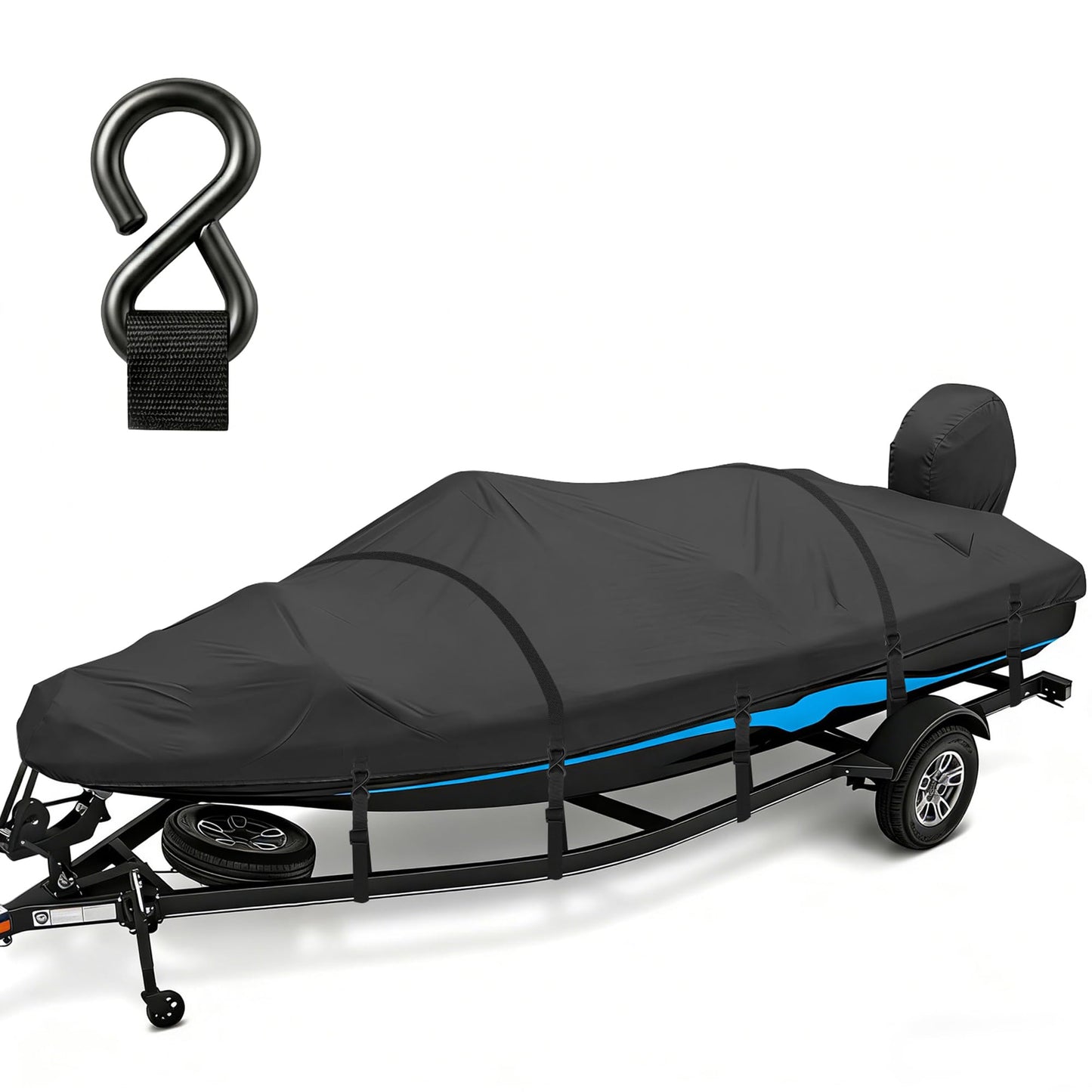 YimSting Boat Cover 16-18.5ft, 1200D Heavy Duty Waterproof Boat Cover with Metal Hook & Motor Cover, Fits 16' 17' 18' Bass Boat, V-Hull, Tri-Hull & Runabout Boats up to 94" Beam, Black