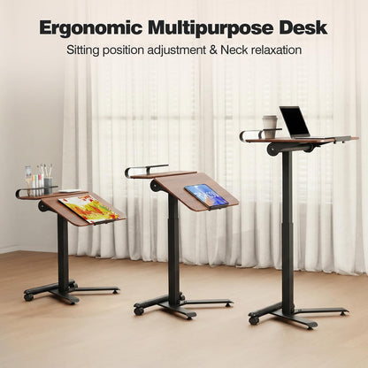 ROMOON Rolling Standing Desk with Wheels, Portable 24 inch Sit-Stand Laptop Cart with Tilt Top and Storage, Mobile Compact Workstation for Home Office and Small Spaces (Walnut)