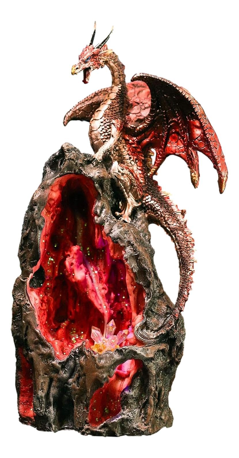 Ebros Red Ember Sapphire Quartz Dragon On Gemstone Geode Cave Mountain Statue 13" Tall with Backflow Incense Burner and Colorful LED Light Crystals Feature Fantasy Dungeons Dragons Decor Figurine
