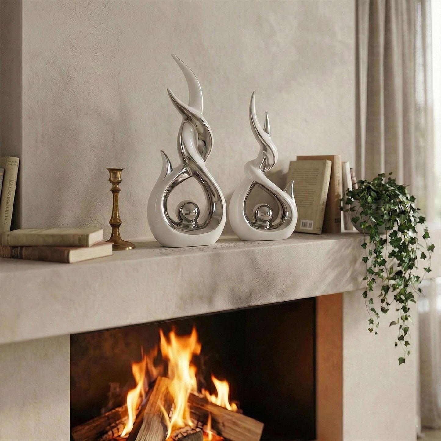 LCCCK White and Silver Abstract Ceramic Sculpture Set of 2 Modern Electroplated Figurines Decorative Statues for Living Room Shelf Mantel Tabletop Home Decor Housewarming Gift