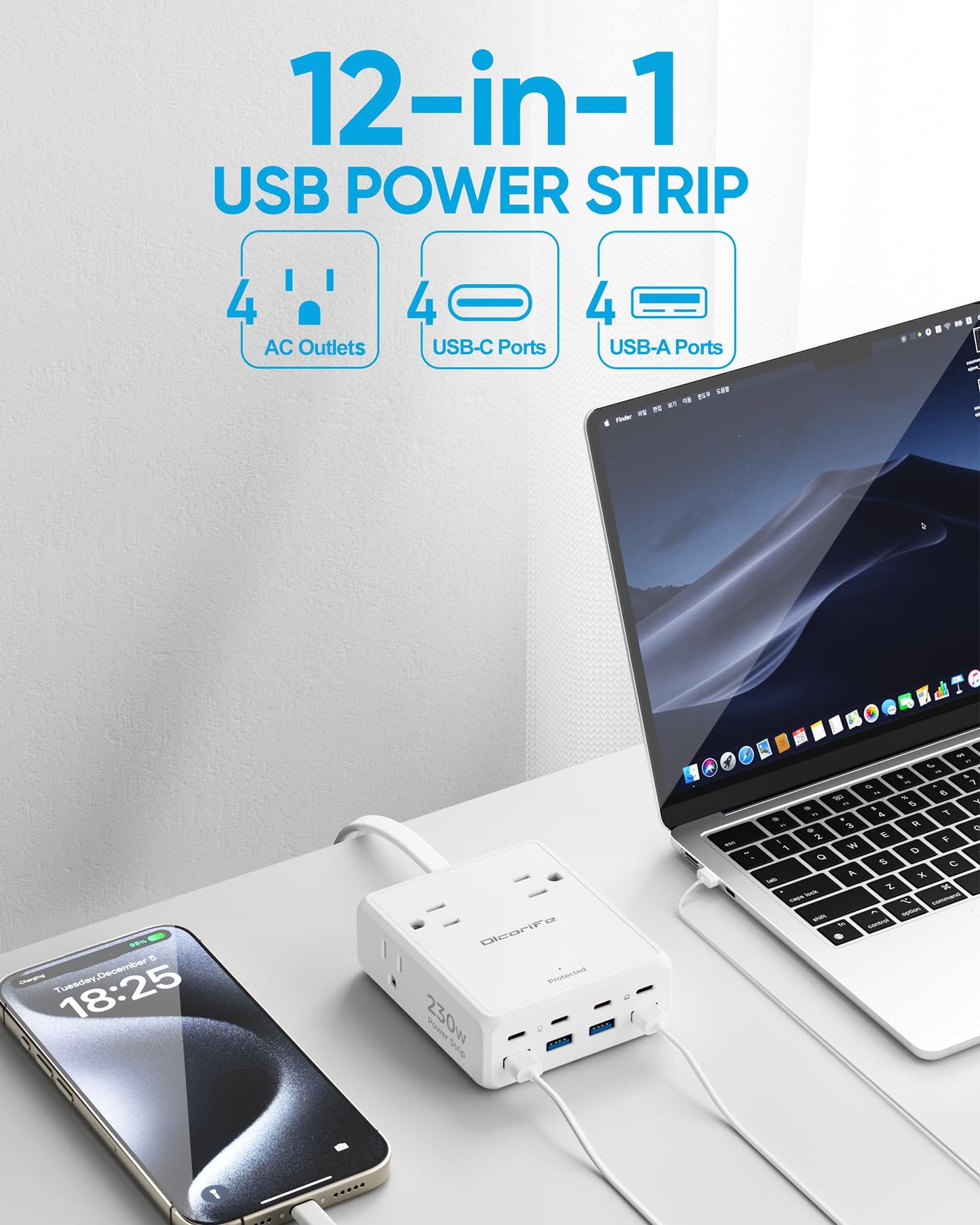 Surge Protector Power Strip, Olcorife Ultra Thin Flat Plug Extension Cord 5ft, 8 Outlets 4 USB Ports(1 USB C), Flat Wall Plug Outlet Extender, College Dorm Room Essentials, Black