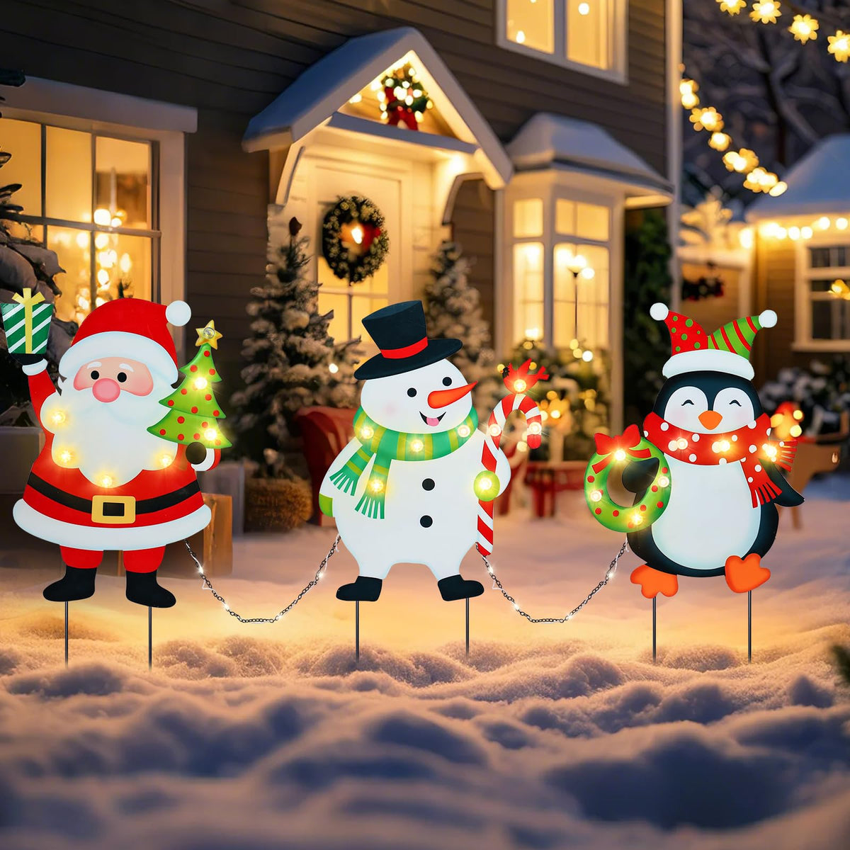 WONDER GARDEN Christmas Yard Stakes, 3 PCS LED Light Xmas Yard Signs with Santa Claus, Snowman, Penguin Christmas Yard Decorations for Lawn Party Decorations