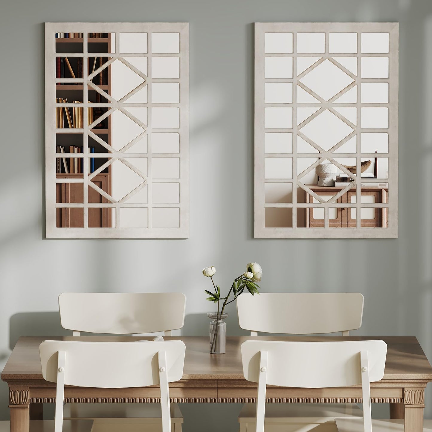 CozyDH Farmhouse Window Pane Mirror Decor - 24x36 inch Retro White Rectangle Wall Mirror Soli Wood Frame, Decorative Wooden Accent Mirror for Entryway, Fireplace, Living Room, Hallway, Dining Room