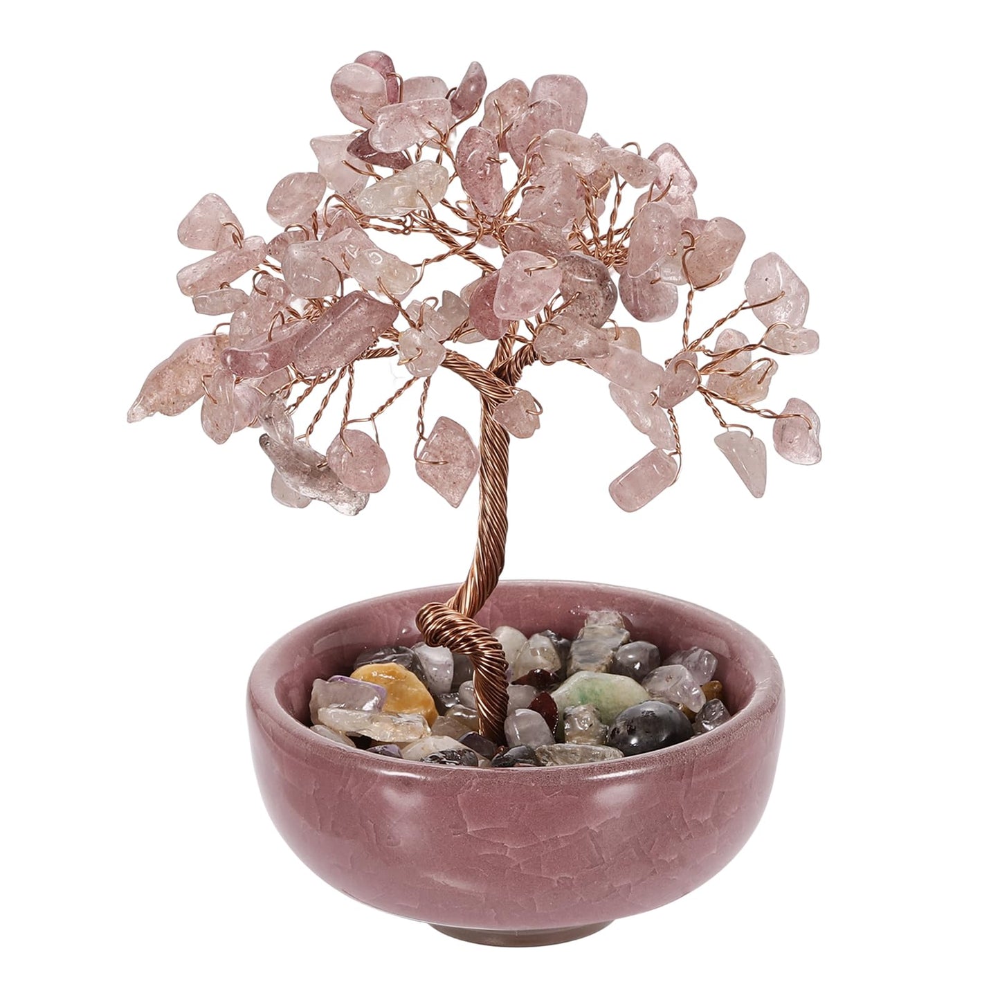 MECCANIXITY 7 Chakra Crystal Tree of Life, Natural Strawberry Crystal Gemstone Tree Handmade Feng Shui Bonsai with Agate Base for Positive Energy, Good Luck, Home Decor (4 x 2.4 Inch Pink)