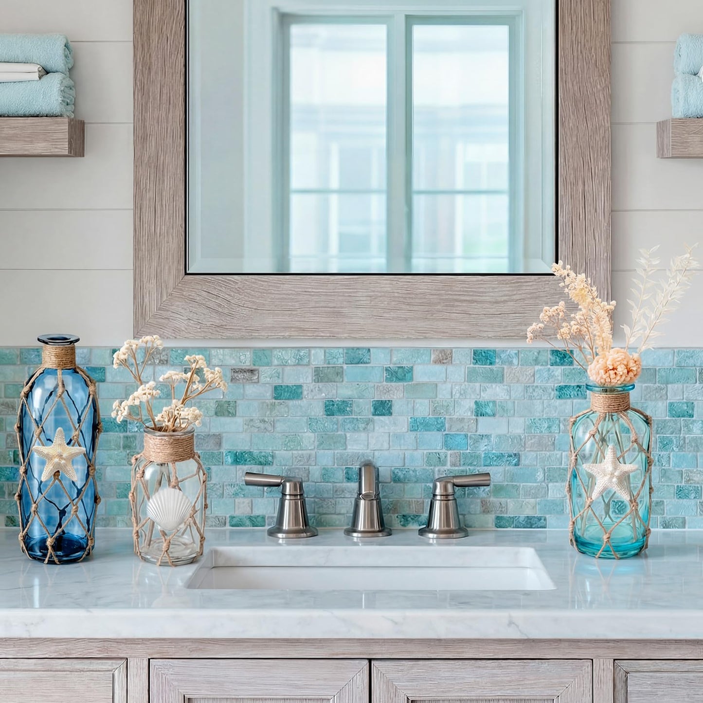 FoldTier Coastal Glass Vases Set of 3 Rustic Beach Vases for Flowers Natural Starfish Shell Jute Rope Sea Glass Bottle Farmhouse Nautical Home Decor for Table Mantel Shelf Living Room Kitchen Bathroom