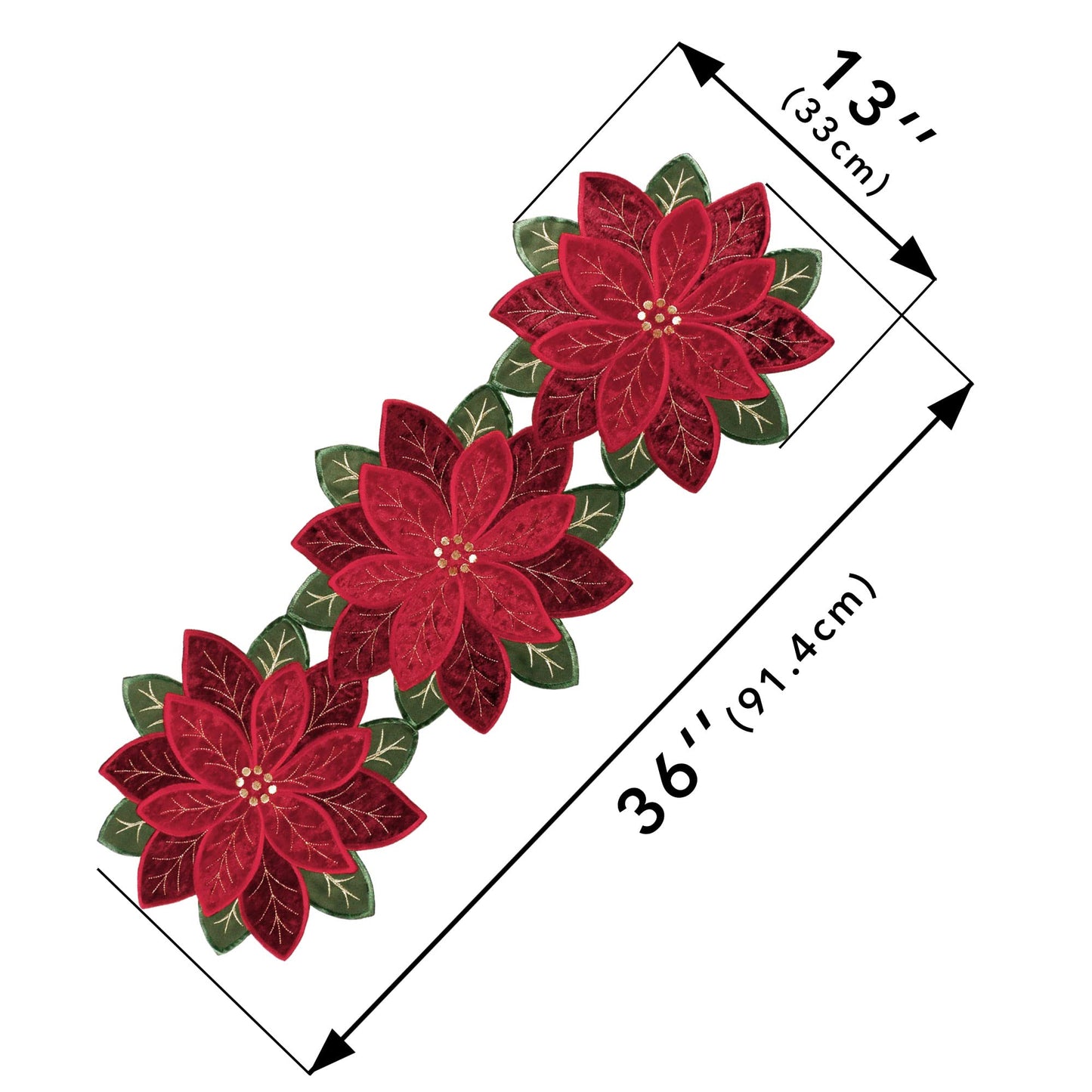 OWENIE Christmas Red Table Runner, Embrodered Velvet Fabric Poinsettia Table Runners for Holiday Table Decor, Small Short Table Runner 36 Inches Long, Red, 13 x 36 Inches