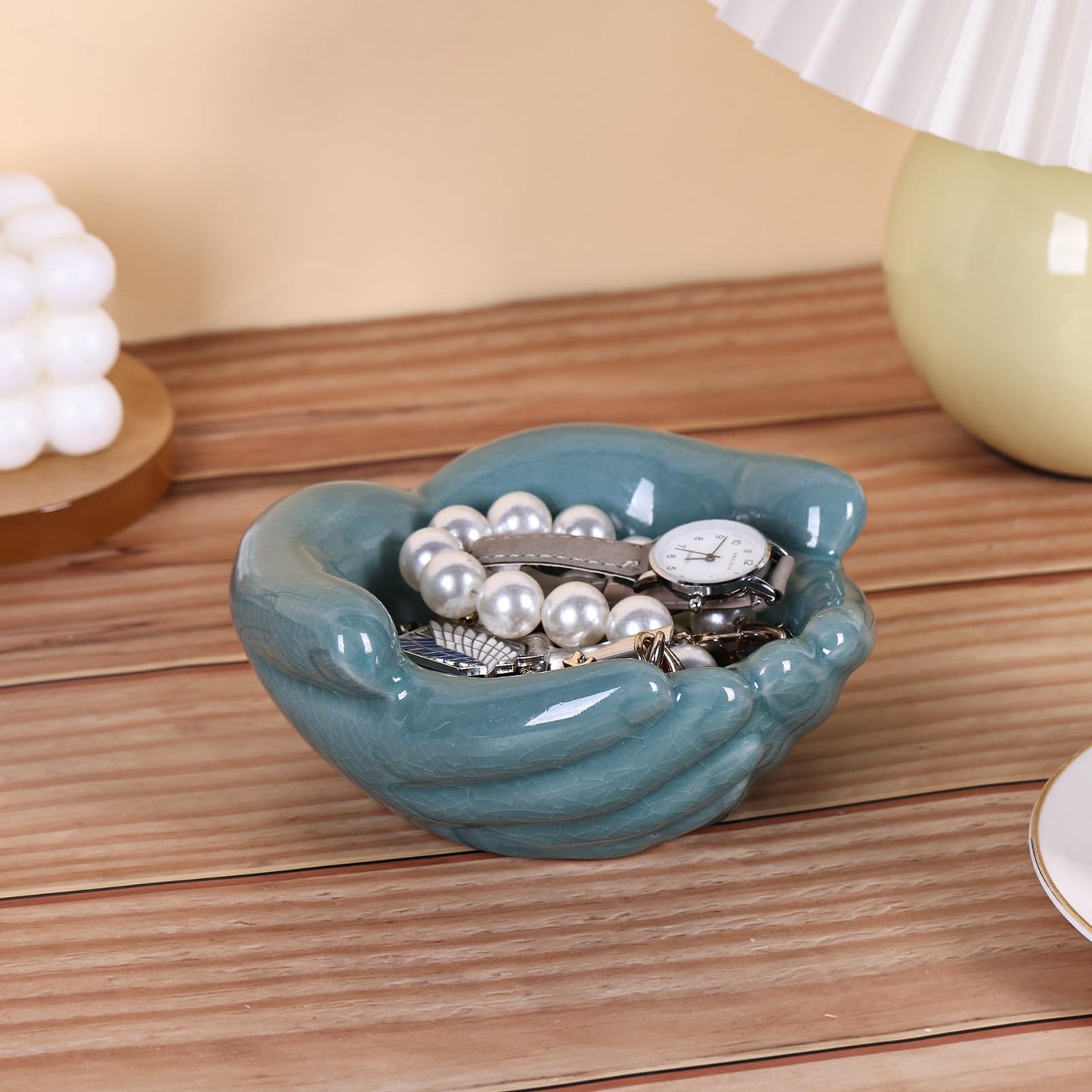 oliruim Ceramic Hands Bowl Dish Sculpture, Giving Hands Candy Holder for Succulent Planter, Crystal Rock Holder, Office, Keys Bowl for Entryway Table (Blue)