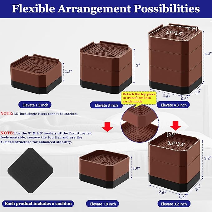 Bed Risers Heavy Duty, Adjustable Furniture Riser Blocks Lift 1.5, 4.3 inches