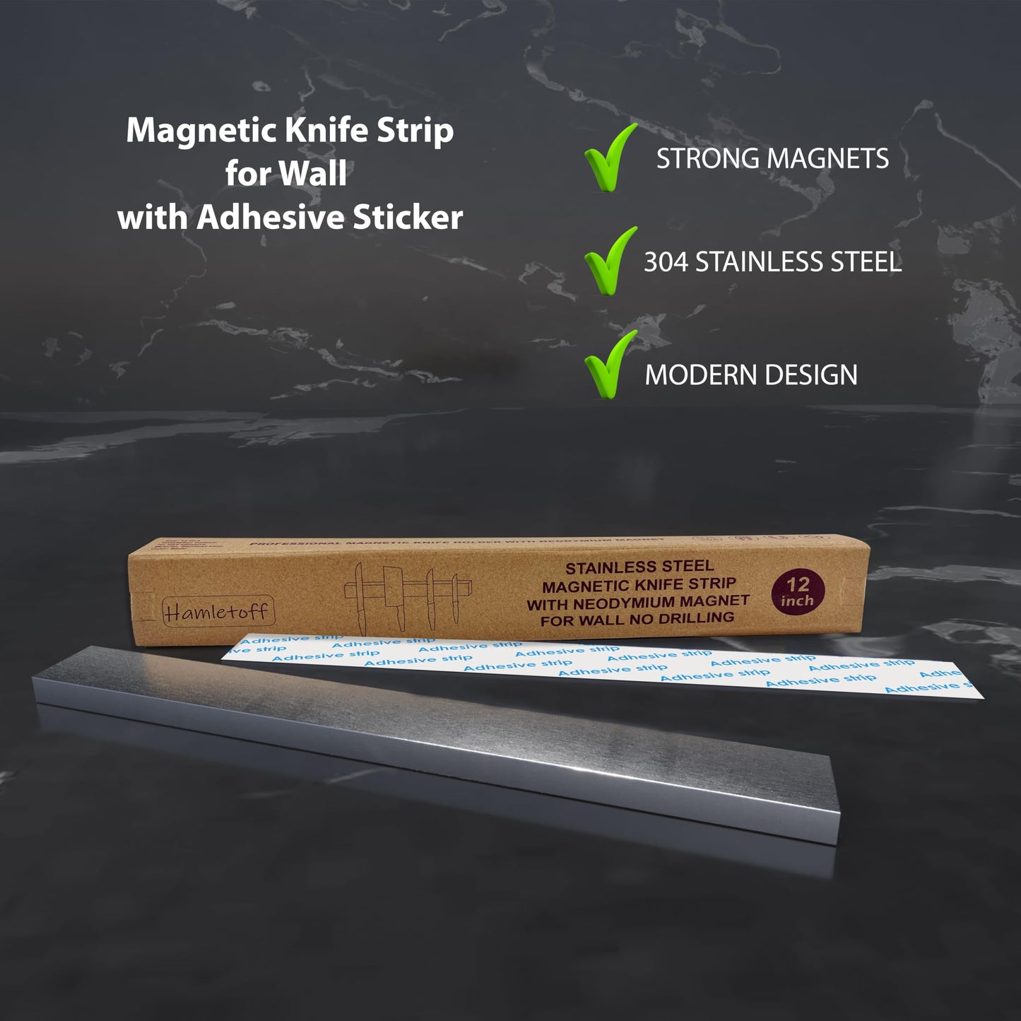 Hamletoff Premium Magnetic Knife Strip for Wall no Drilling – 12 Inch Stainless Steel Magnetic Knife Holder with Neodymium Magnet Strong Adhesive Tape - Lightweight Kitchen Magnet Knife Bar