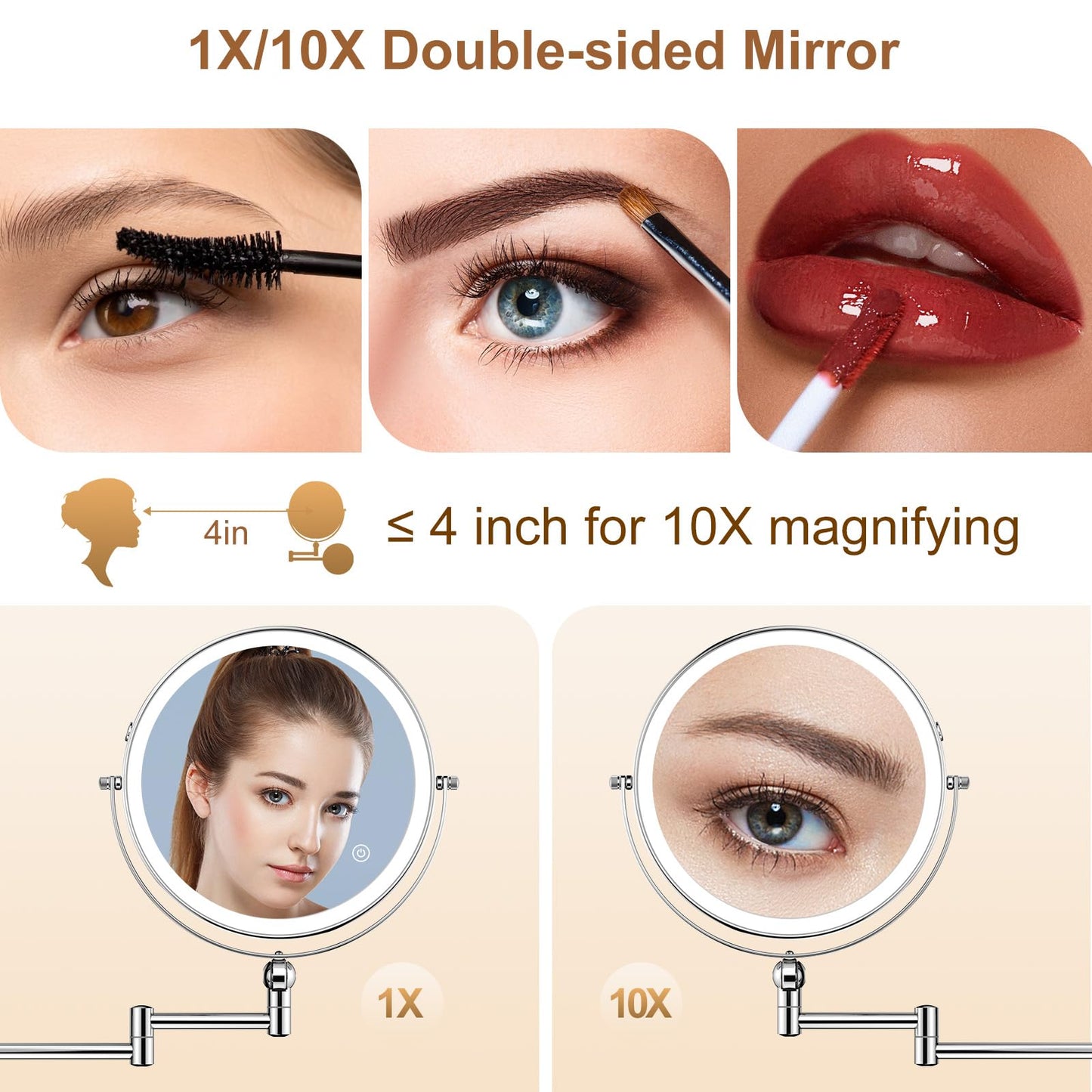9" Wall Mounted Lighted Makeup Mirror,4000mAh Rechargeable Double Sided 1X/10X Magnifying Mirror with Light,Touch Dimmable,Extended Arm 360 Rotation Wall Mounted Makeup Mirror 3 Color Lights-Black