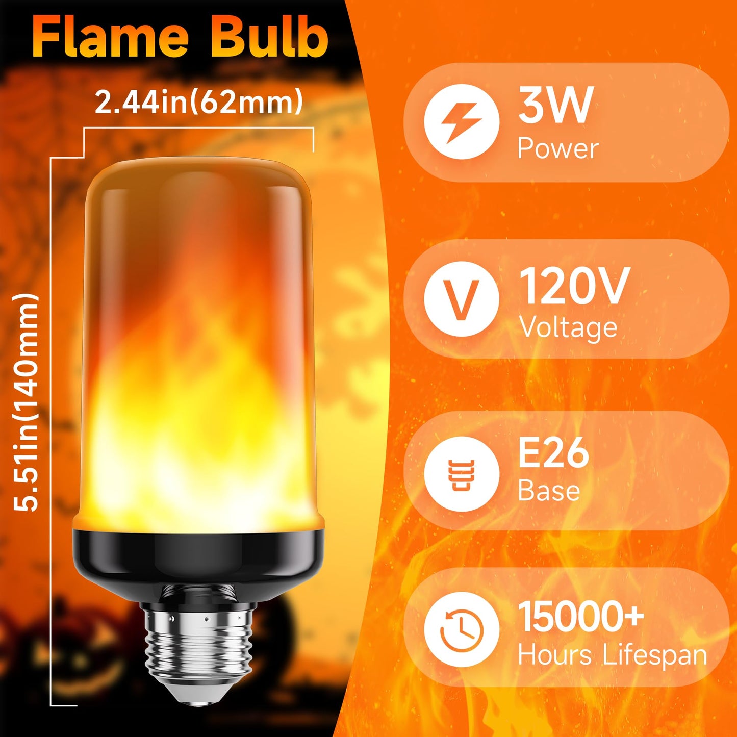 hyrion LED Flame Light Bulbs Outdoor, 4 Modes Flickering Lightbulb with Upside Down Effect, E26 Base Fire Flame Lights Bulb for Halloween Porch Christmas Indoor -2 Pack