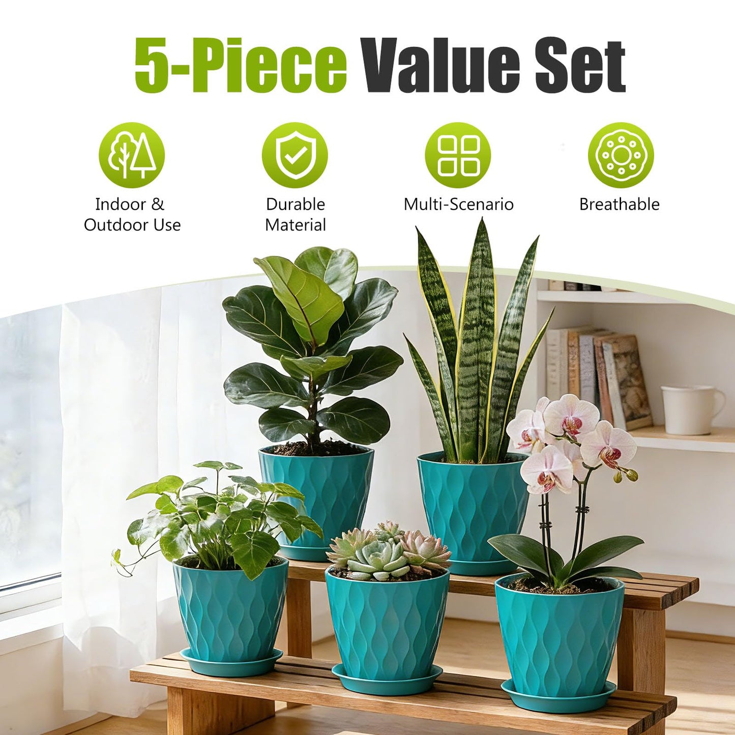 SQKH 8 Inch Plastic Plant Pots,Set of 5 Flower Pots,Planters with Drainage Holes & Saucers, Indoor Outdoor Garden Pots for Home Decor(Blue-Green)