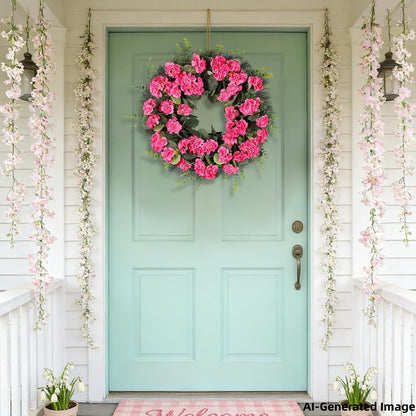KuiMen Rose Red Artificial Geranium Wreath, 22 Inch Spring Summer Wreaths for Front Door with Blessed Hanging Sign, for Rustic Farmhouse Entryway Porch Balcony Decor