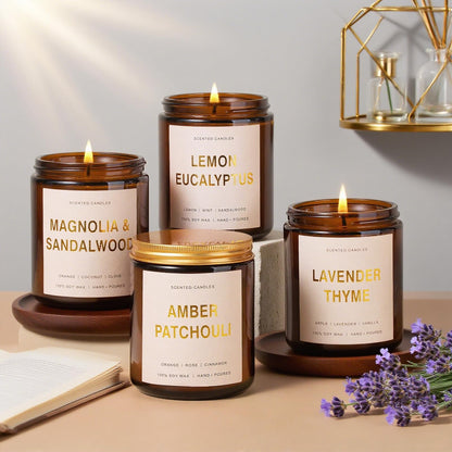 Candles for Home Scented, 4 Pack Soy Candle Non Toxic, Spring Scented Candles with Lavender Thyme, Magnolia & Sandalwood, Amber Patchouli, Lemon Eucalyptus - Candle Gifts Set for Women & Mothers Day