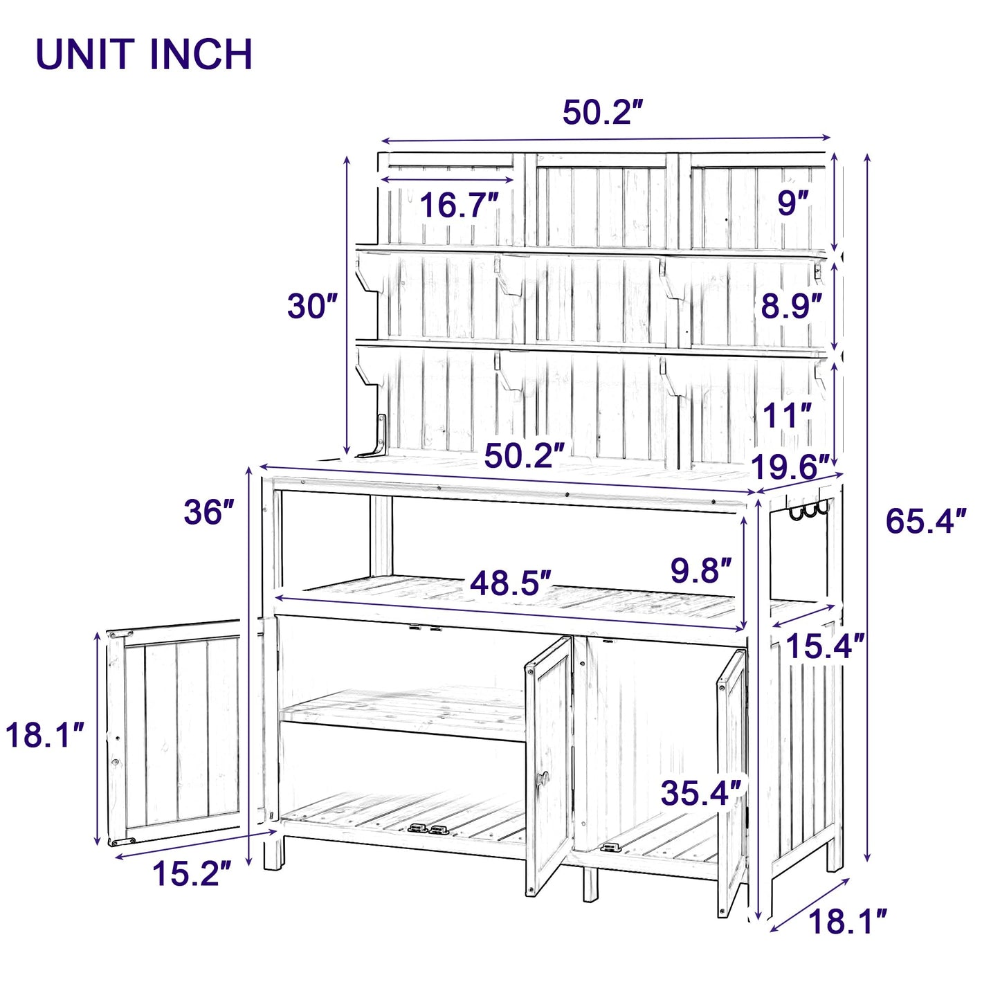 Merax Outdoor Potting Bench Table with Hutch, 50.2" Fir Wood Garden Workstation, Large Countertop, 2 Shelves, 2 Cabinets, 3 Side Hooks, Wooden Gardening Planting Table for Backyard, Patio, Green