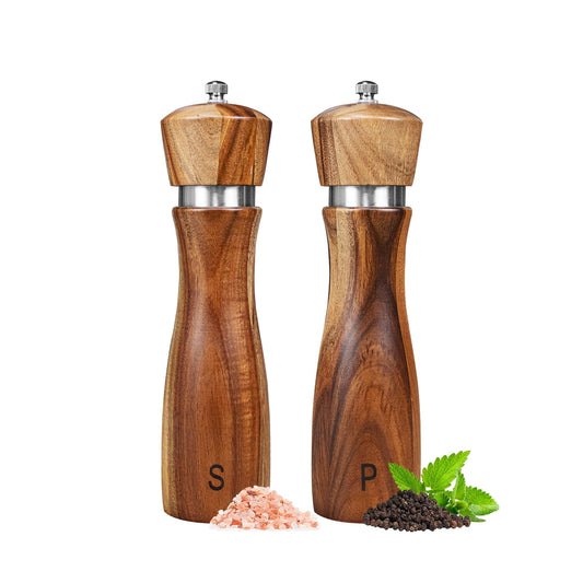Haomacro Salt and Pepper Grinder Set of 2,8Inch Updated Wooden Pepper Mill Shaker,Modern Oak Wood Salt Mill Pepper Grinder Set Refillable with Adjustable Ceramic Rotor