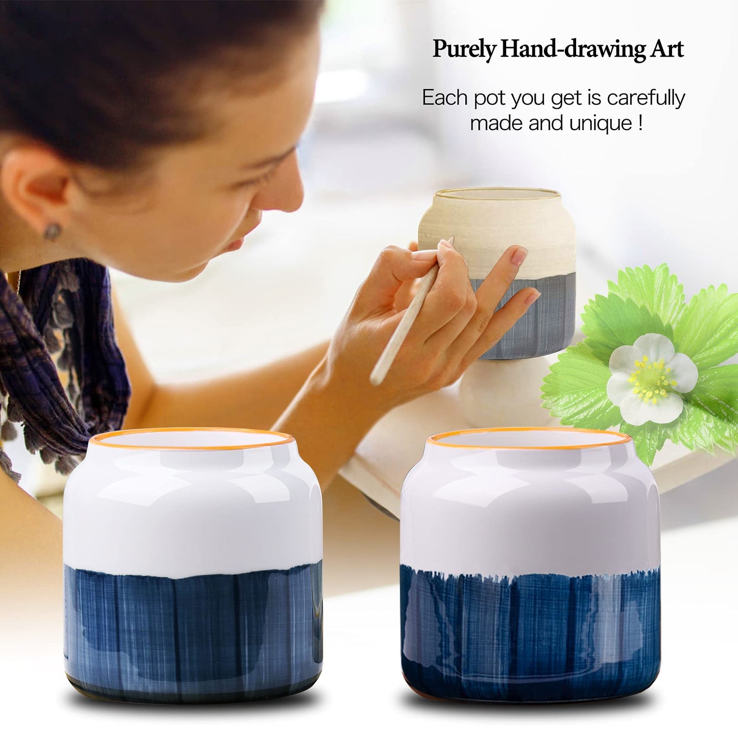 Succulent Pots, 3.5 Inch Small Succulent Planters with Drainage for Plants Live, Hand-Painted Ceramic Pot Flower Pots Bonsai Pots with Bamboo Tray, Unique Gifts for Women/Men, 4 Pack (Abstract)