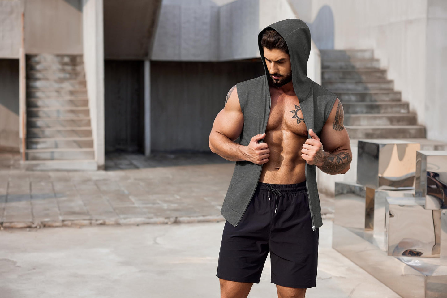 COOFANDY Men 2 Pack Fitness Tank Top Cotton Cutoff T Shirt Zip Gym Hoodies Workout Hooded Tank Athletic Black and Dark Grey L