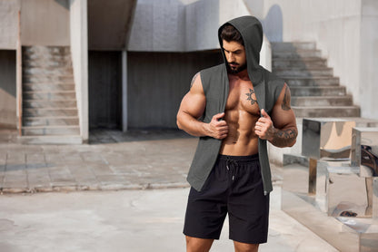 COOFANDY Men 2 Pack Fitness Tank Top Cotton Cutoff T Shirt Zip Gym Hoodies Workout Hooded Tank Athletic Black and Dark Grey L