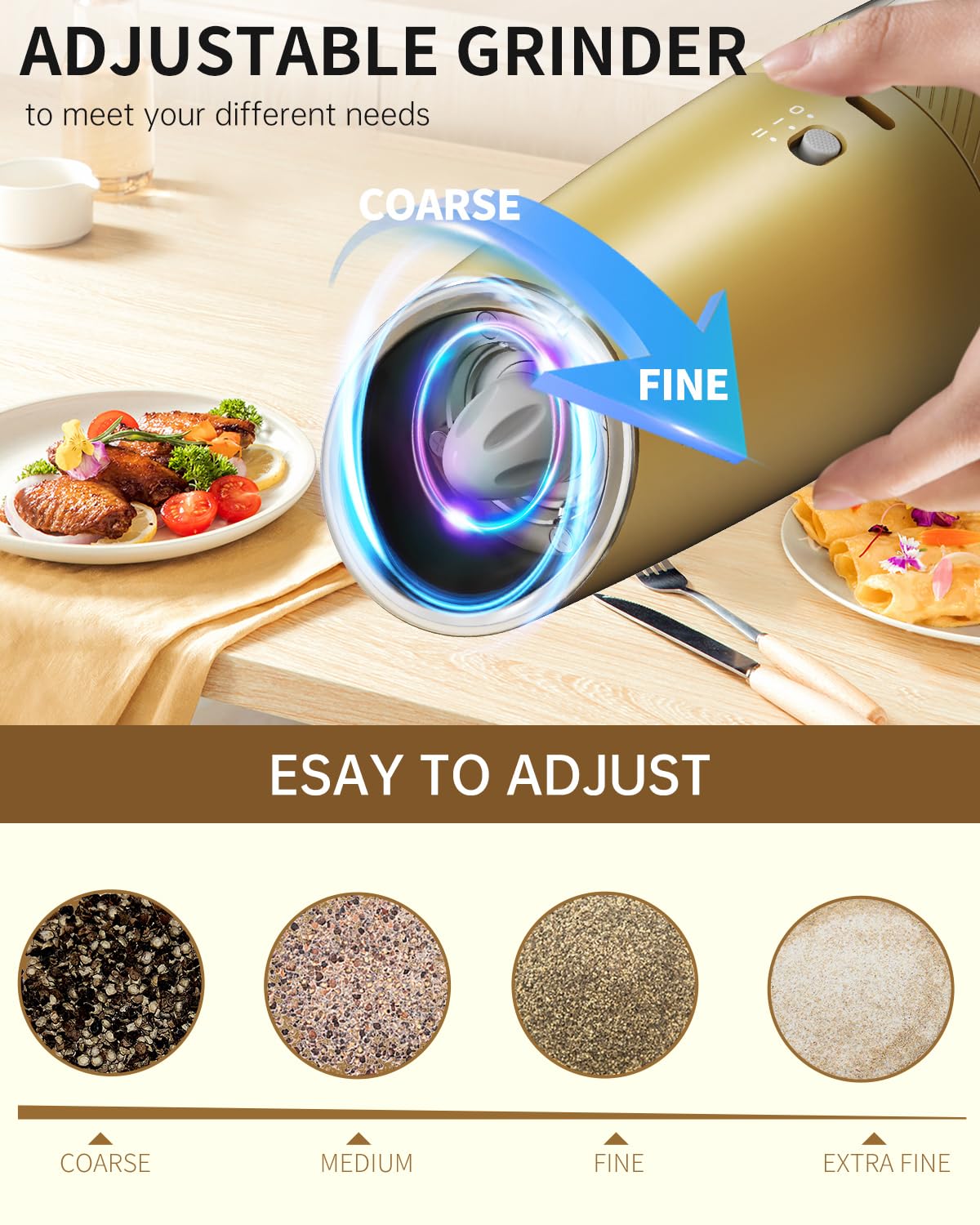 CIRCLE JOY 2-Speed Gravity Electric Pepper Grinder, Rechargeable Salt Grinder Pepper Mills, Adjustable Coarseness, White LED Light, 135ML Large Capacity, Gold