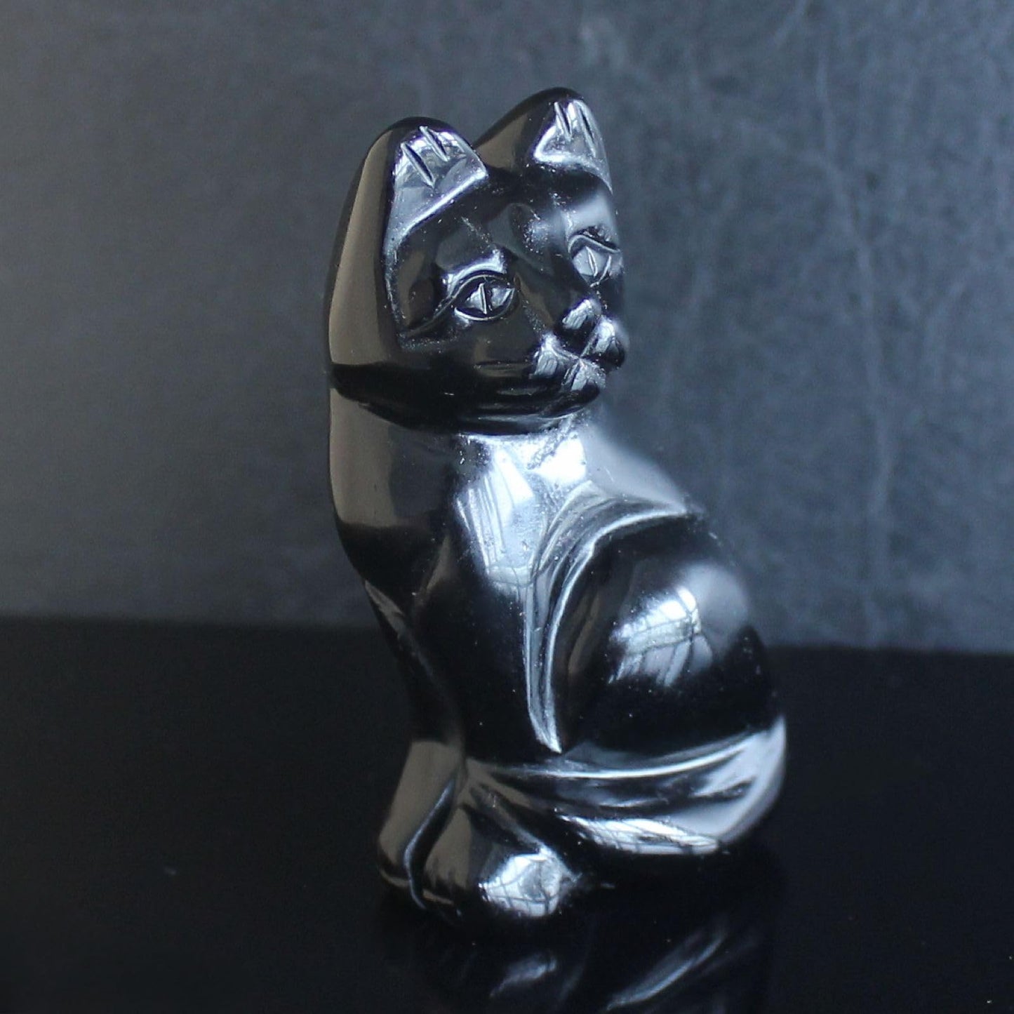 Carved Black Obsidian Crystal cat Figurine Animal Statue (Black Obsidian)